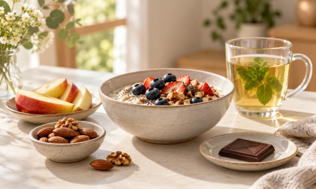 Collation équilibrée avec fruits, chocolat noir et oléagineux pour retrouver le plaisir de manger